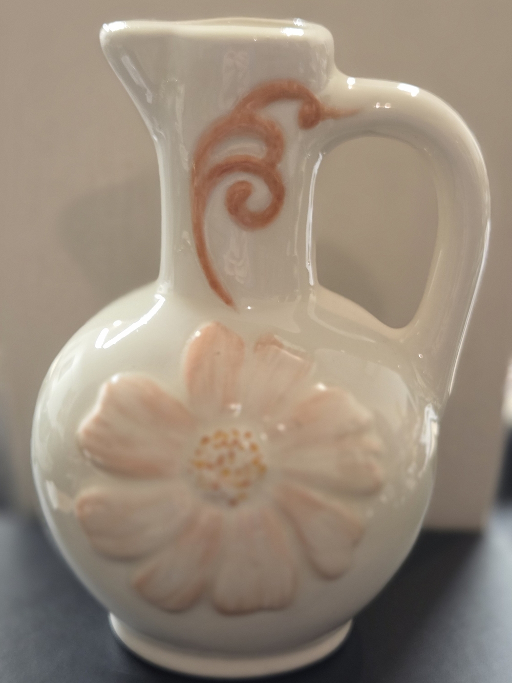 Vintage Handmade and Hand-Painted Cream Ceramic Floral Pitcher EUC